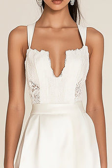 White Deep V-Neck Satin Graduation Dress