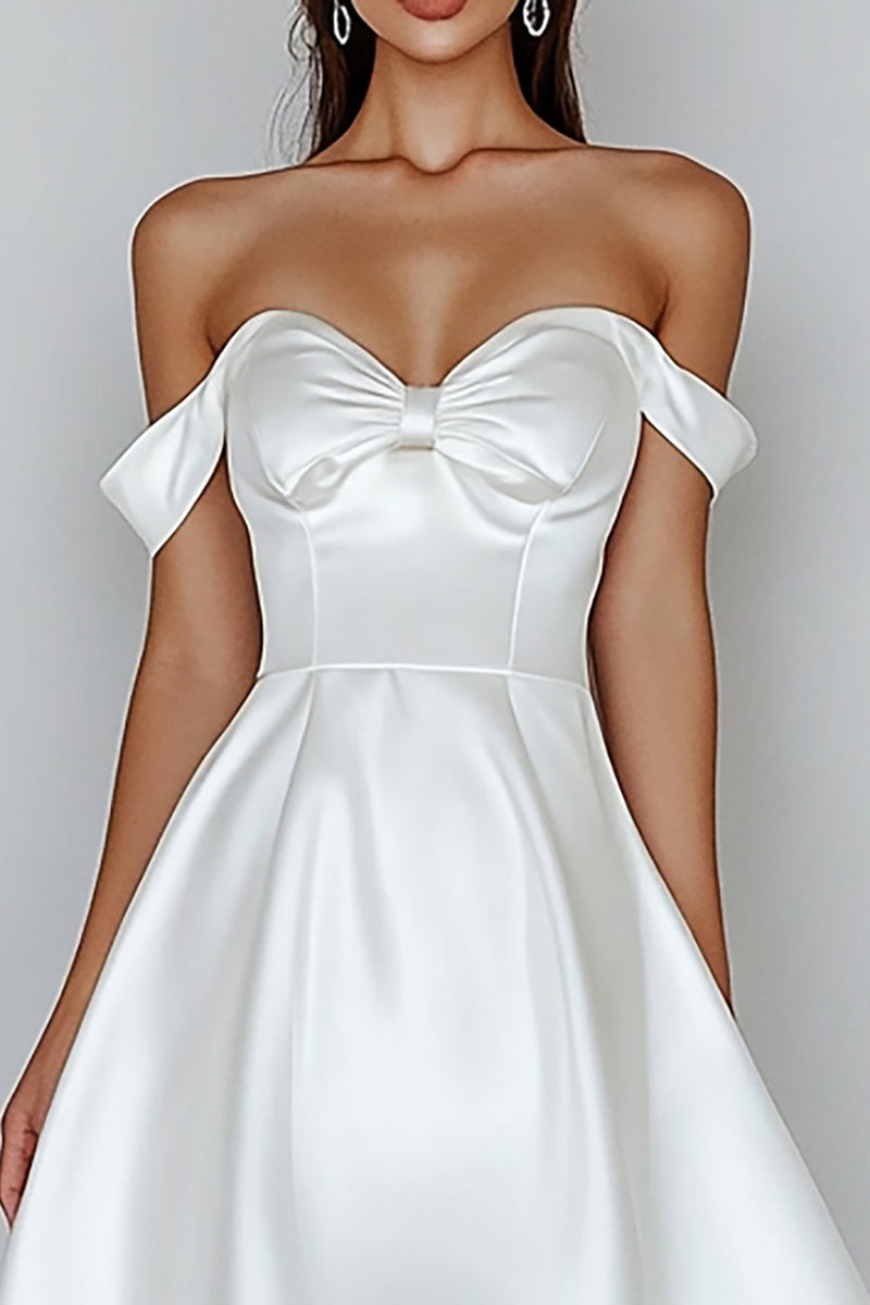 Load image into Gallery viewer, White Satin Sweetheart A Line Off the Shoulder Graduation Dress