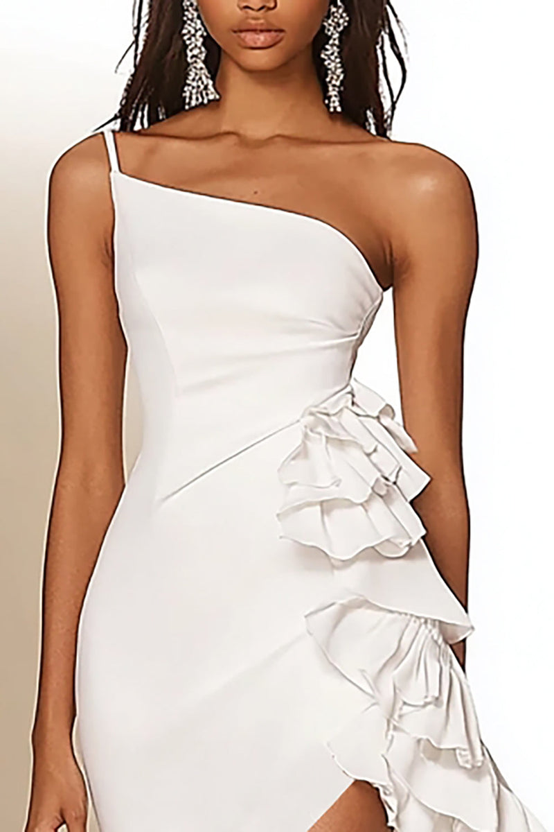 Load image into Gallery viewer, White Asymmetrical Bodycon One Shoulder Graduation Dress with Ruffles