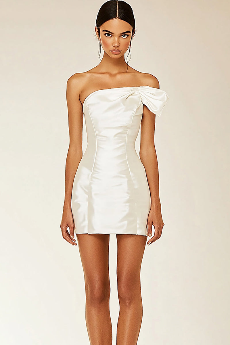 Load image into Gallery viewer, White Satin Bodycon One Shoulder Graduation Dress