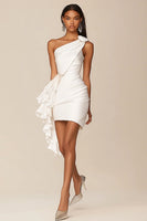 Load image into Gallery viewer, Women White Bodycon Satin Bachelorette Party Dress One Shoulder Ruffled Little White Dress