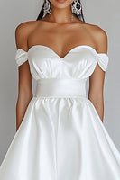 Load image into Gallery viewer, White A Line Off the Shoulder Satin Graduation Dress