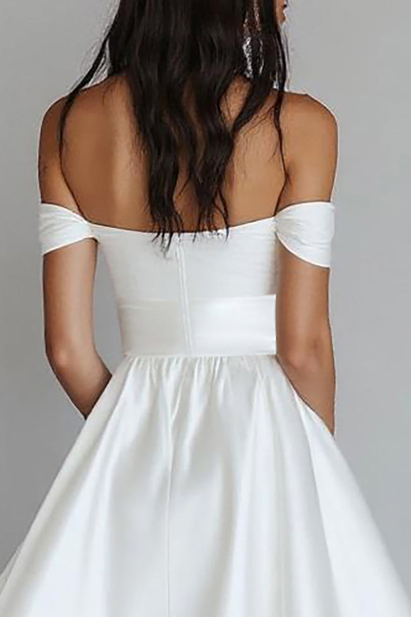 Load image into Gallery viewer, White A Line Off the Shoulder Satin Graduation Dress