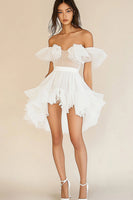 Load image into Gallery viewer, White Ruffled A Line Off the Shoulder Tulle Graduation Dress