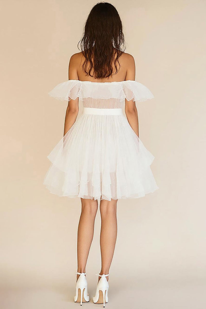 Load image into Gallery viewer, White Ruffled A Line Off the Shoulder Tulle Graduation Dress
