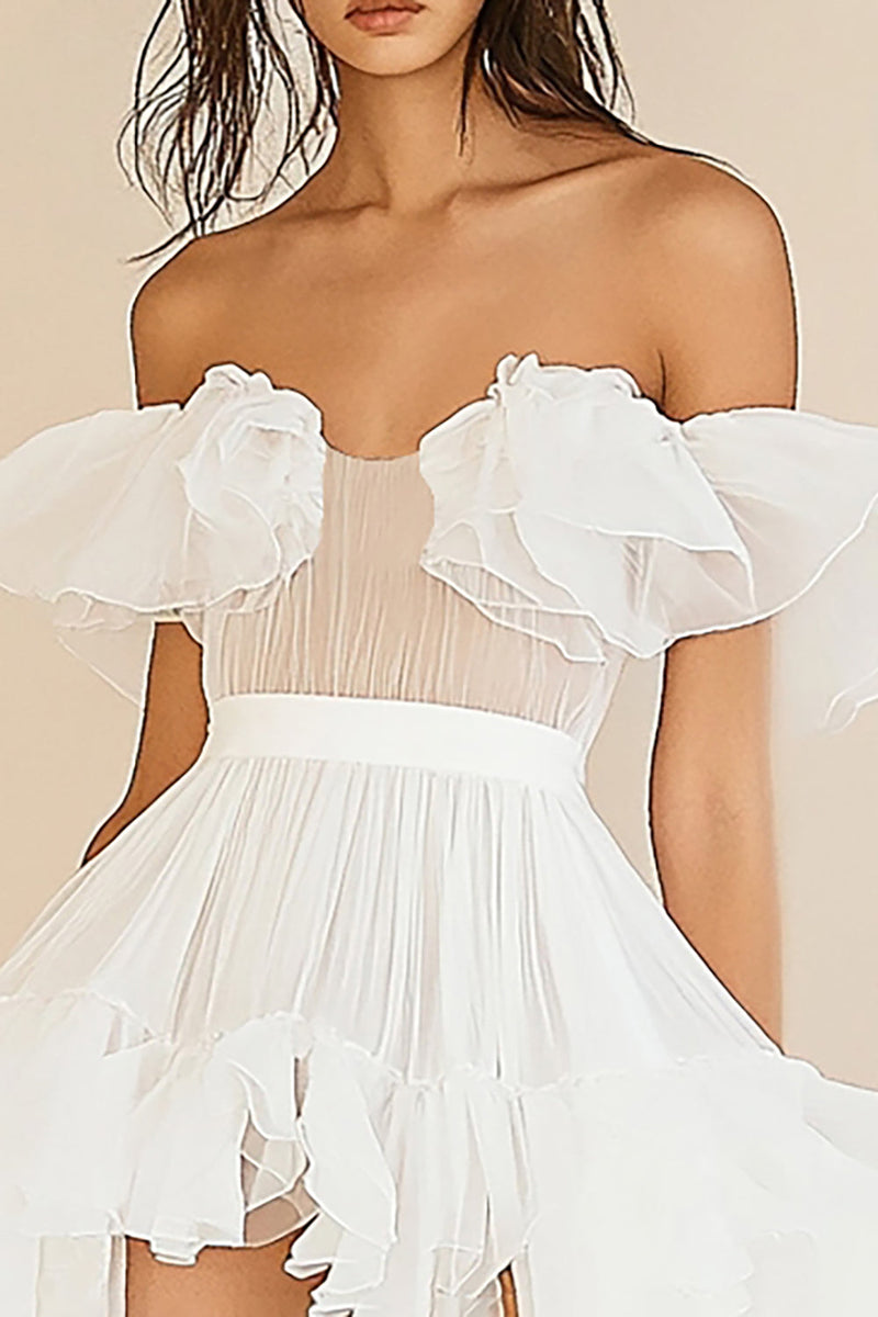 Load image into Gallery viewer, White Ruffled A Line Off the Shoulder Tulle Graduation Dress