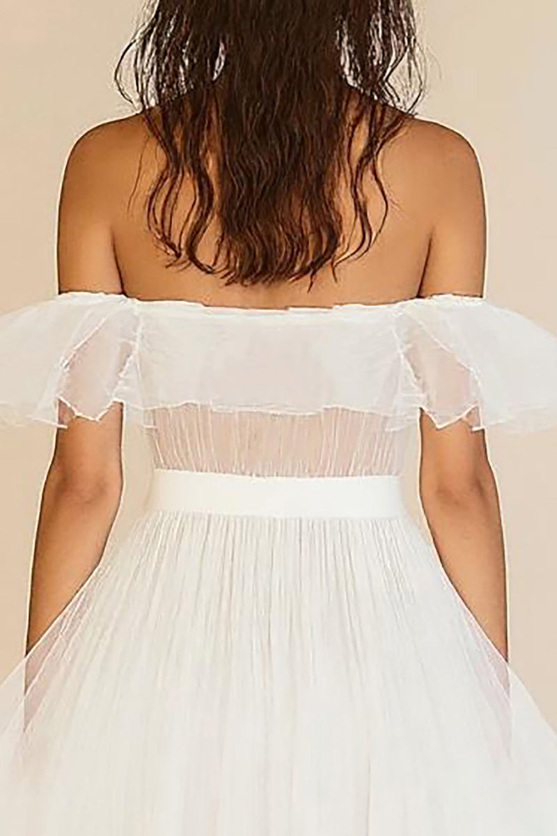 Load image into Gallery viewer, White Ruffled A Line Off the Shoulder Tulle Graduation Dress