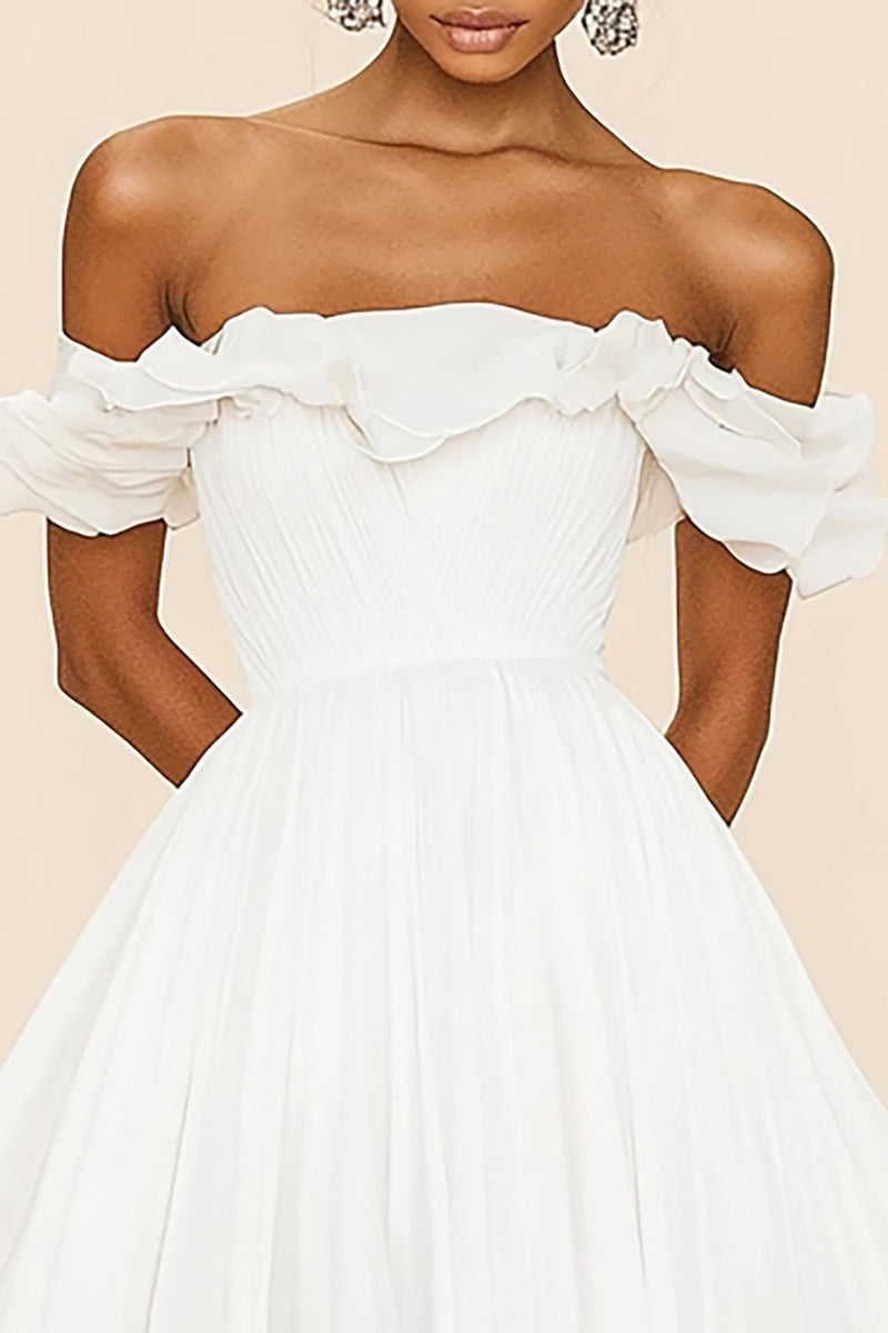 Load image into Gallery viewer, White A Line Chiffon Pleated Graduation Dress with Ruffles