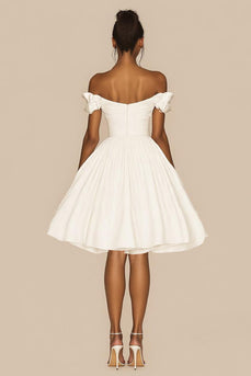 White Satin A Line Ruched Off the Shoulder Graduation Dress