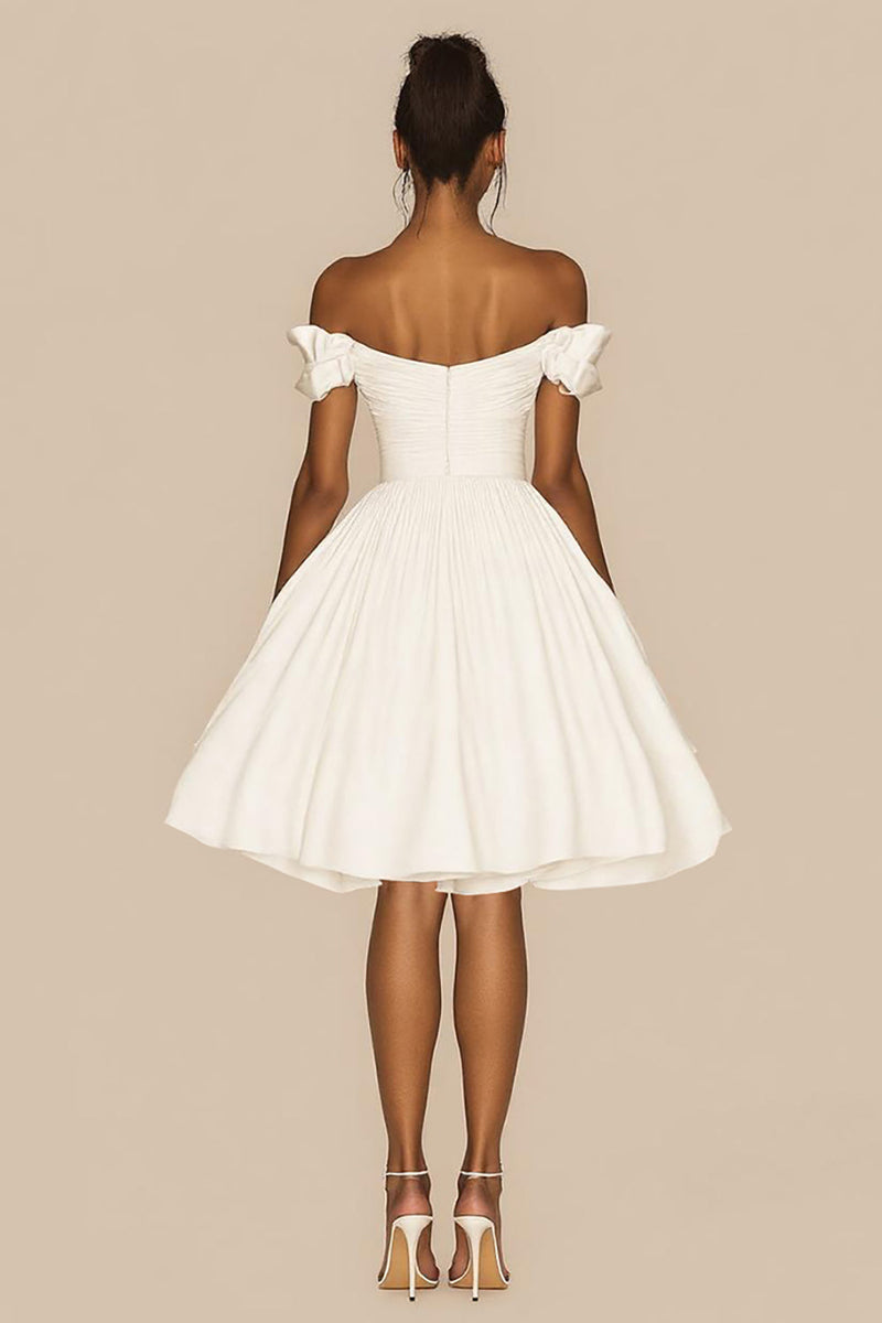 Load image into Gallery viewer, White Satin A Line Ruched Off the Shoulder Graduation Dress