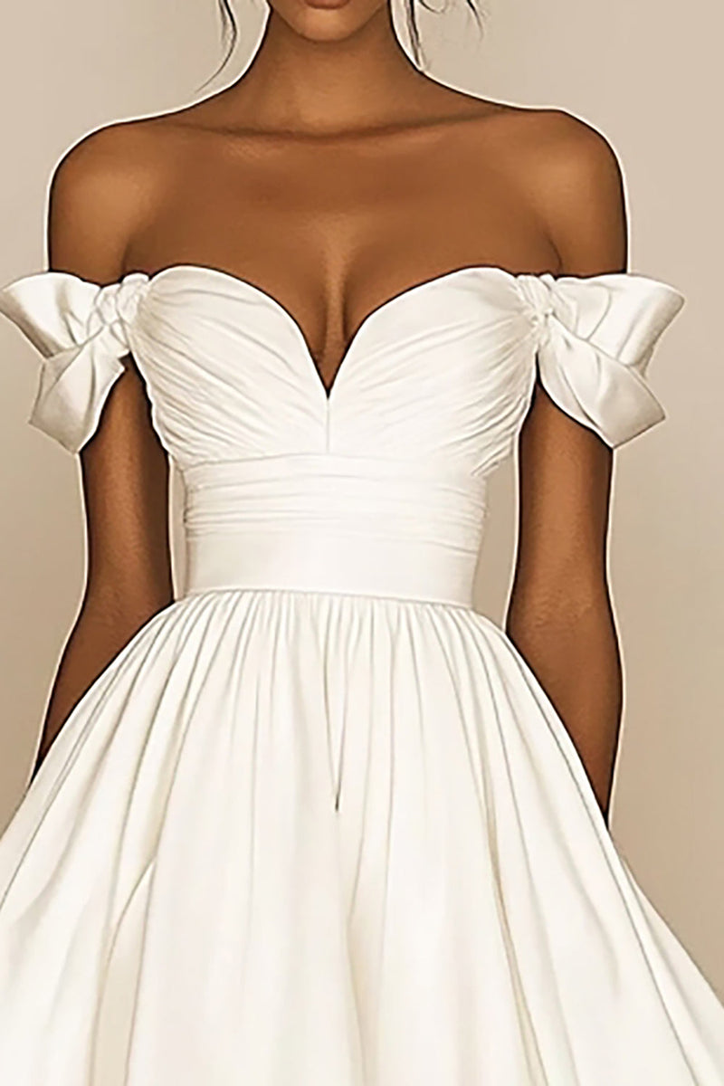 Load image into Gallery viewer, White Satin A Line Ruched Off the Shoulder Graduation Dress