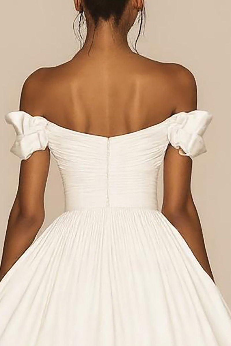 Load image into Gallery viewer, White Satin A Line Ruched Off the Shoulder Graduation Dress
