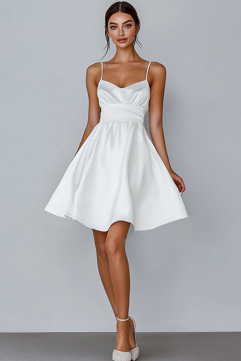 Load image into Gallery viewer, White A Line Spaghetti Straps Satin Graduation Dress