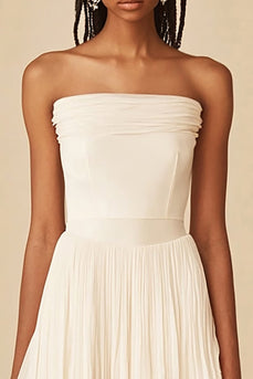 White Strapless A Line Pleated Graduation Dress