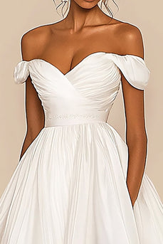 White A Line Chiffon Pleated Off the Shoulder Graduation Dress