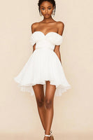 Load image into Gallery viewer, Women Chiffon Pleated A Line Short White Wedding Dress Off the Shoulder Sweetheart Short Little White Dress
