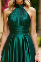 Load image into Gallery viewer, Dark Green Satin A Line Long Prom Dress with Slit