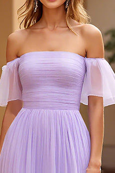 Lilac Chiffon Tiered Pleated A Line Long Prom Dress