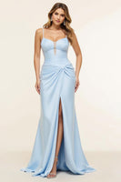 Load image into Gallery viewer, Sky Blue Sheath Satin Ruched Long Prom Dress with Slit