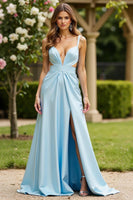 Load image into Gallery viewer, Sky Blue A Line Satin Cut-Out Long Prom Dress with Slit