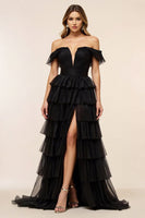 Load image into Gallery viewer, Chiffon A Line Tiered Long Black Tie Dress with Slit