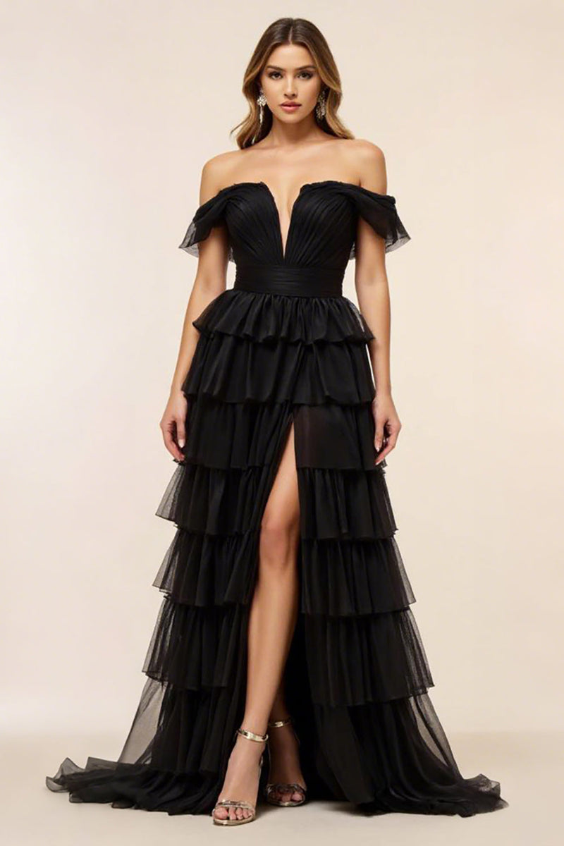 Load image into Gallery viewer, Chiffon A Line Tiered Long Black Tie Dress with Slit