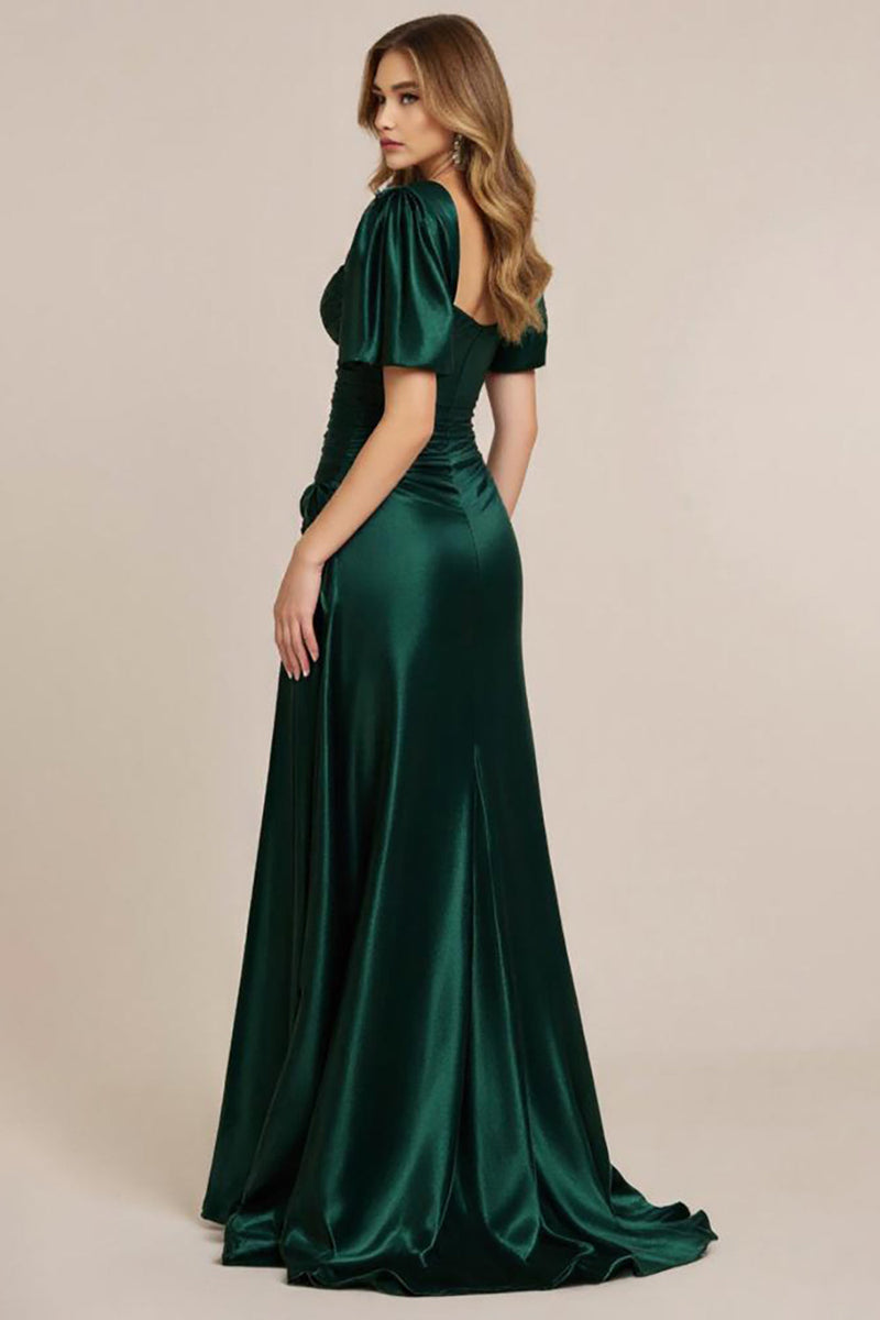 Load image into Gallery viewer, Dark Green Satin A Line Ruched Long Prom Dress with Slit