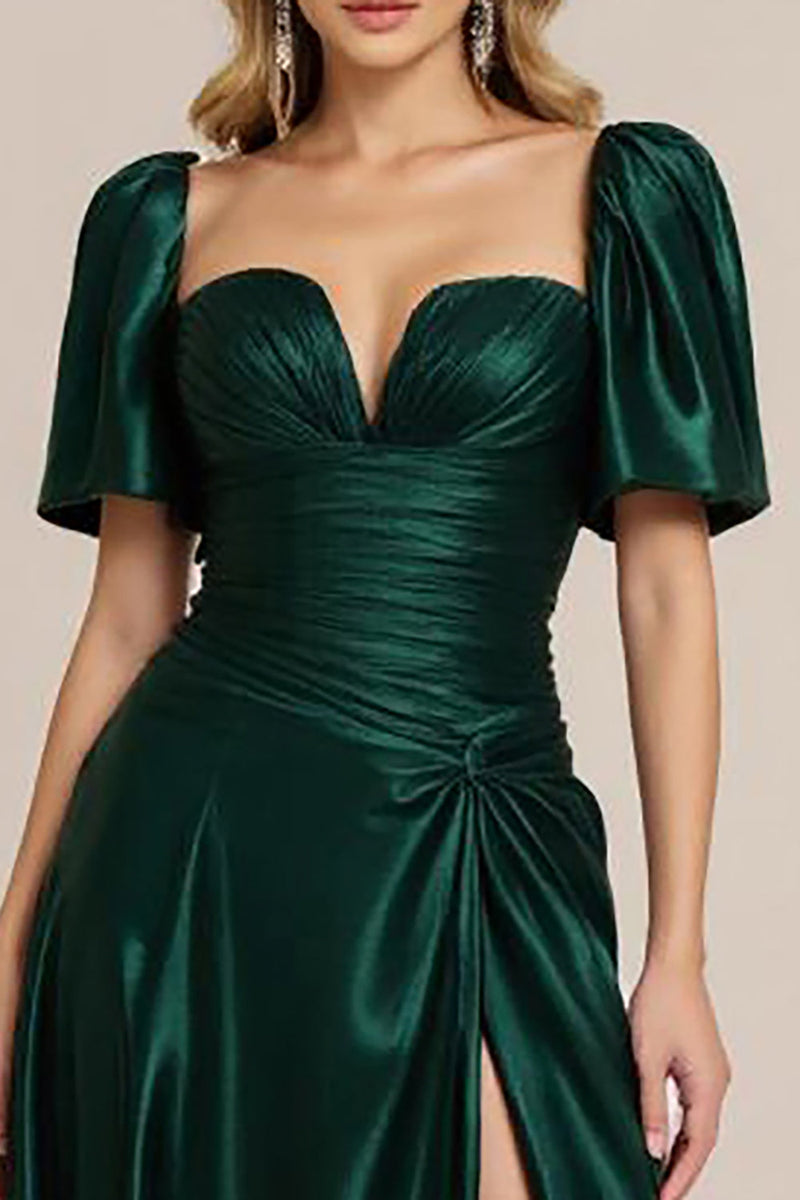 Load image into Gallery viewer, Dark Green Satin A Line Ruched Long Prom Dress with Slit