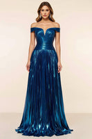 Load image into Gallery viewer, Peacock Blue A Line Satin Pleated Off the Shoulder Long Prom Dress