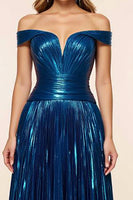 Load image into Gallery viewer, Peacock Blue A Line Satin Pleated Off the Shoulder Long Prom Dress
