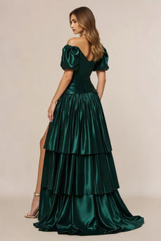 Dark Green A Line Pleated Tiered Long Prom Dress with Slit