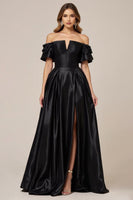 Load image into Gallery viewer, Satin A Line Off the Shoulder Long Black Tie Dress with Slit