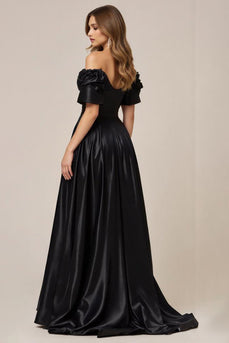 Satin A Line Off the Shoulder Long Black Tie Dress with Slit