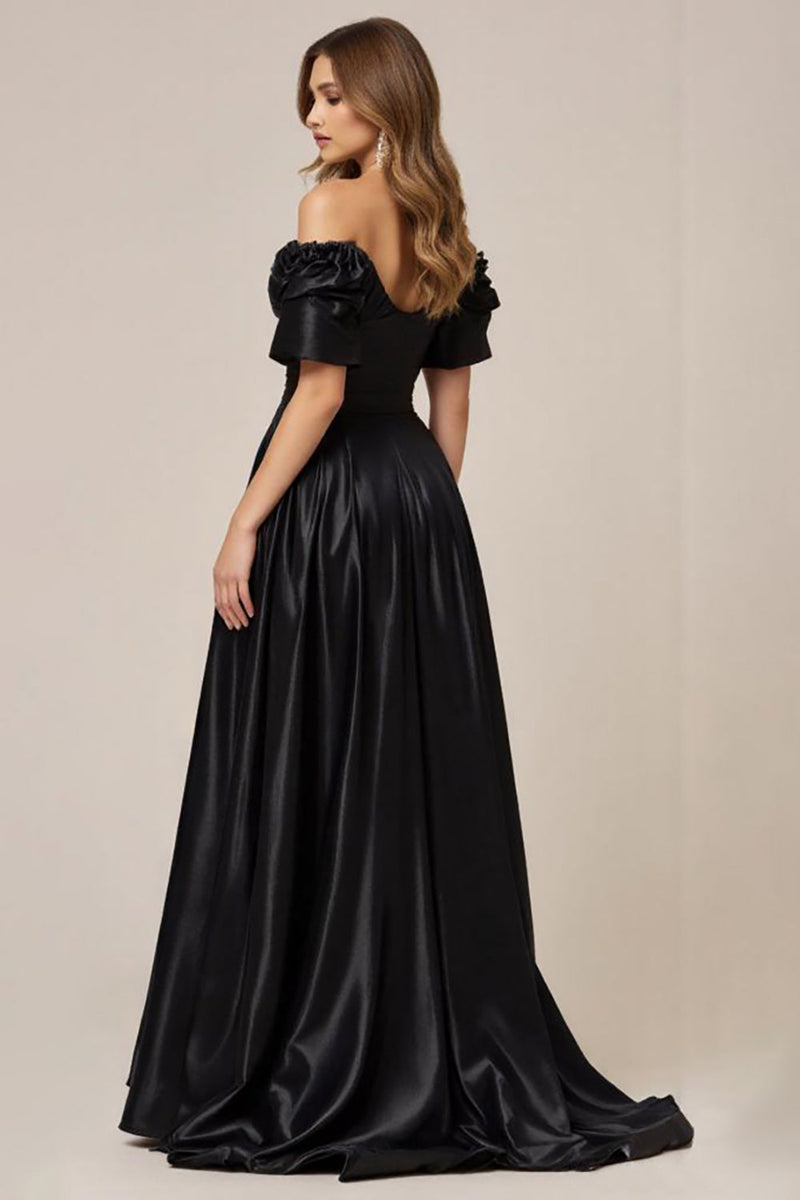 Load image into Gallery viewer, Satin A Line Off the Shoulder Long Black Tie Dress with Slit