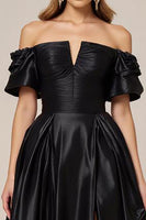 Load image into Gallery viewer, Satin A Line Off the Shoulder Long Black Tie Dress with Slit
