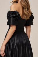 Load image into Gallery viewer, Satin A Line Off the Shoulder Long Black Tie Dress with Slit