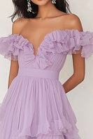 Load image into Gallery viewer, Lilac Chiffon A Line Asymmetrical Long Prom Dress with Ruffles