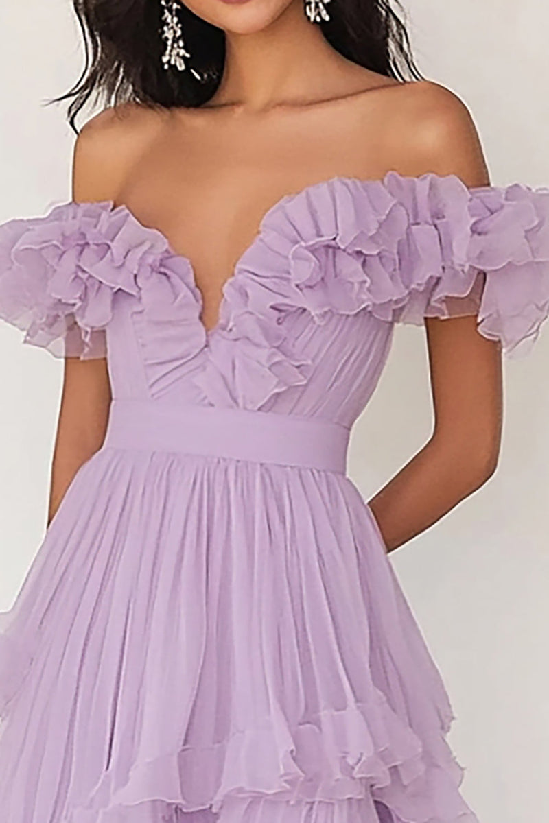 Load image into Gallery viewer, Lilac Chiffon A Line Asymmetrical Long Prom Dress with Ruffles