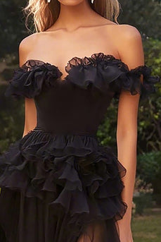 A Line Chiffon Off the Shoulder Long Black Tie Dress with Ruffles