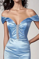 Load image into Gallery viewer, Sky Blue Satin Mermaid Off the Shoulder Long Prom Dress with Slit