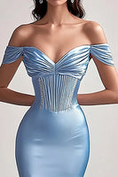 Load image into Gallery viewer, Sky Blue Satin Mermaid Pleated Long Prom Dress with Slit