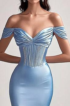 Sky Blue Satin Mermaid Pleated Long Prom Dress with Slit
