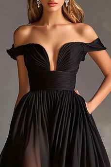 A Line Chiffon Pleated Long Black Tie Dress with Slit