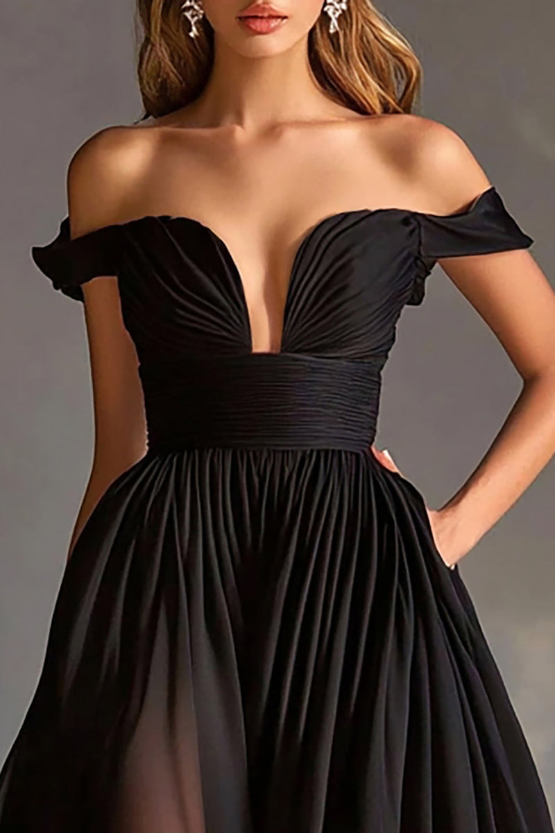 Load image into Gallery viewer, A Line Chiffon Pleated Long Black Tie Dress with Slit