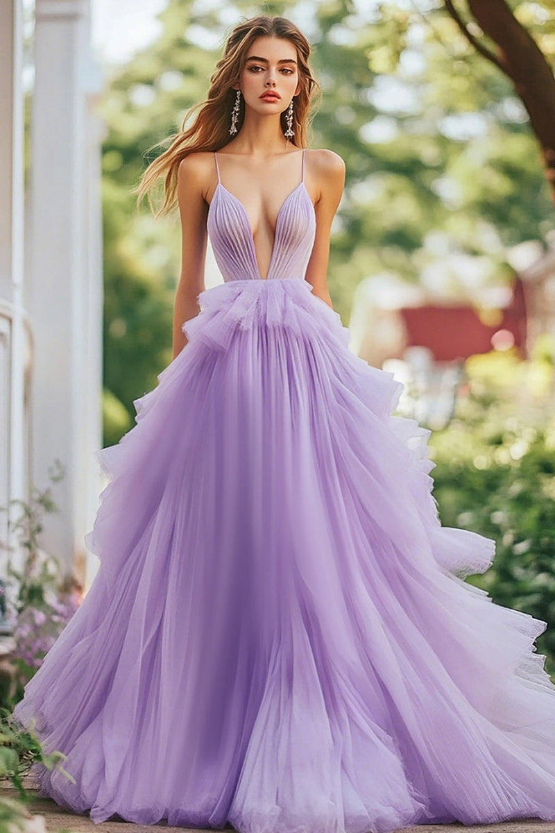 Load image into Gallery viewer, Lilac A Line Tulle Ruffled Long Prom Dress