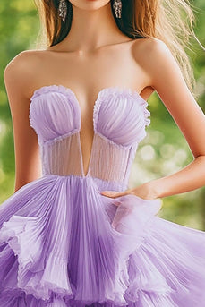 Lilac Tulle Ball Gown Tiered Long Prom Dress with Ruffles
