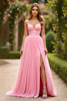 Load image into Gallery viewer, Pink A Line Chiffon Pleated Long Prom Dress with Slit