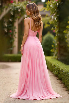 Pink A Line Chiffon Pleated Long Prom Dress with Slit