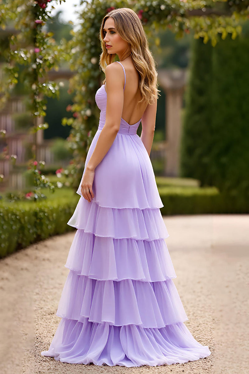 Load image into Gallery viewer, Lilac A Line Chiffon Tiered Long Prom Dress