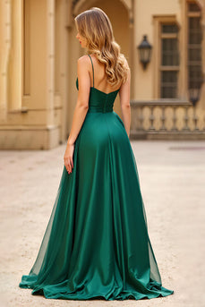 Dark Green A Line Satin Spaghetti Straps Long Prom Dress with Slit